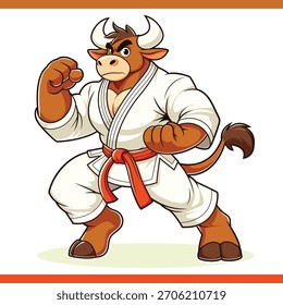 Ilustração de desenho animado de um personagem de touro, Projeto de lutador de touro dinâmico no estilo de Karate-Judô, Ilustração de mascote de touro poderoso em Pose de combate