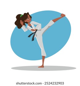 Strong kick in a karate training, a girl in a kimono, vector illustration.