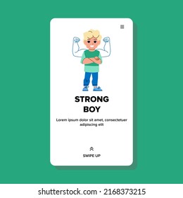 strong kid boy vector. happy power child, healthy muscle cute person strong kid boy character. people flat cartoon illustration