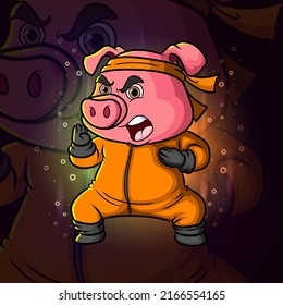 The strong kung fu pig is doing the movement esport mascot logo design of illustration