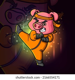 The strong kung fu pig is kicking esport mascot logo design of illustration