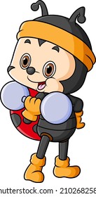The strong ladybug is exercising with a barbell of illustration