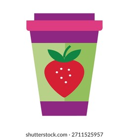 Una taza de café con leche fuerte con media fresa y media uva