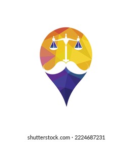 Strong law vector logo design concept. Scale and mustache with pin pointer icon vector design.	