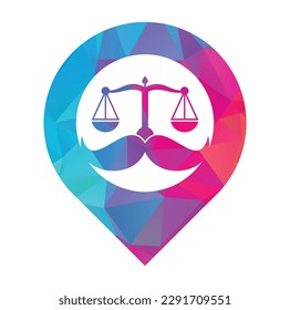 Strong law vector logo design concept. Scale and mustache with pin pointer icon vector design.