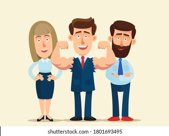 Strong Leader Concept. A Powerful Muscular Team Leader With Strong Biceps. Business Team With Confident Boss. Vector Illustration, Flat Design, Cartoon Style, Isolated Background.