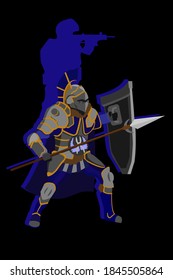 
Strong legionary with spear and shield. A phantom of a man with a machine gun behind his back.