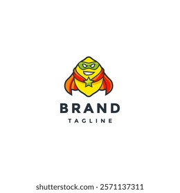 Strong Lemon Fruit Superhero Logo Design. Cute Character Design Yellow Lemon With Mask And Flying Coat.