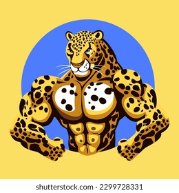 Un animal leopardo fuerte que muestra sus músculos, el logotipo de la mascota jaguar, diferentes formas, diseños de caracteres establecidos, un pantano gigante enfurecido con cuerpo atlético, ilustración vectorial de carácter plano