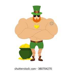 strong Leprechaun. Powerful elf Green Hat. Bodybuilder Red Beard. Sports man with big muscles. dwarf and pot gold. Tattoo four listnyj clover. Serious guy dark glasses