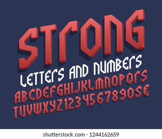 Strong letters and numbers with currency signs. Red stylish 3d font. Isolated english alphabet.