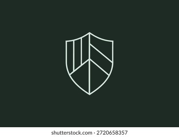 Un logotipo de escudo de línea fuerte con geometría clara y trazos equilibrados, que representa protección, seguridad y confiabilidad