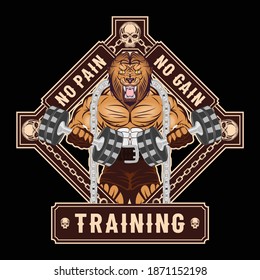 Strong lion bodybuilder. Predator holding dumbbells. Bodybuilding. Powerlifting. No pain, no gain. Vector color illustration for t shirt print. Hand drawn sport logos, badges, labels, poster.