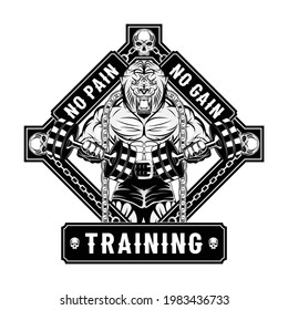 Starker Löwe-Bodybuilder. Raubtier, der eine Hantel hält. Karosserie. Kraftakt. Kein Schmerz, kein Gewinn. Vektorgrafik für T-Shirt-Druck. Handgezeichnete Sportlogos, Abzeichen, Etiketten, Poster.