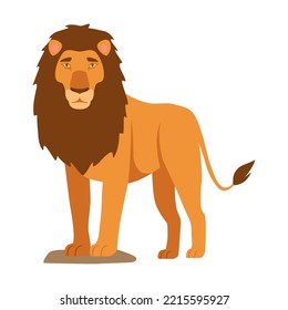 Strong lion character vector illustration. Orange cartoon feline, king of animals with tail on white background. Nature, wildlife, animals concept