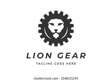 Strong Lion Head Face with Gear Cog Machine for Industrial Logo Design