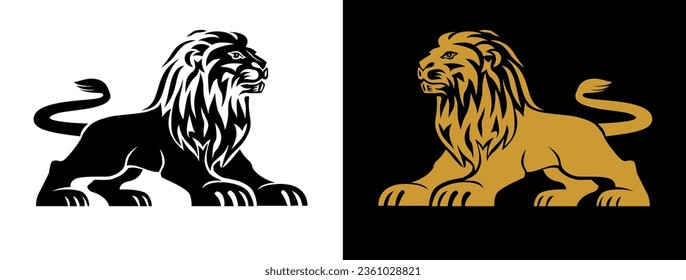 Strong Lion king logo template. Lion standing sign, emblem isolated on white and black background. Vector flat style for graphic and web design, logo, tattoo.