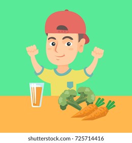 Strong little caucasian boy showing his muscles while sitting at the table with a glass of fresh carrot juice. Concept of healthy nutrition for children. Vector cartoon illustration. Square layout.