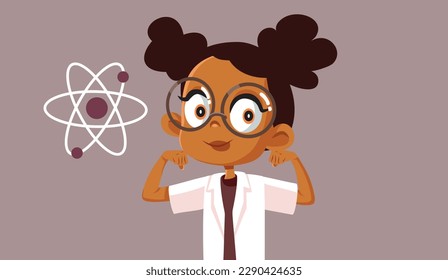 
Strong Little Student Enjoying Science Class Vector Cartoon Illustration. Cheerful girl learning about chemistry and physics feeling empowered by knowledge 
