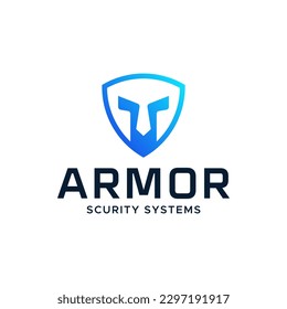 Fuerte combinación de logo de la armadura del ejército espartano y escudos. Es adecuado para empresas de seguridad.