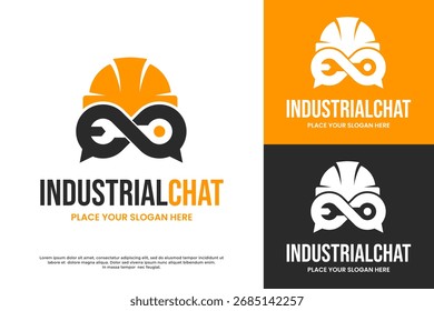 A strong logo design of a construction helmet merged with a chat bubble. It represents industrial communication and engineering forums. Great for construction blogs and worker apps.
