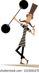 Strong long mustache weightlifter in the top hat illustration. Man dressed in striped athletic tights raises the heavy weight and shows his muscles isolated on white
