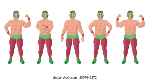 Strong lucha libre mexican wrestler in different pose set. Cheerful luchador in mask showing power in muscle, powerful champion of extreme wrestling vector illustration isolate on white background