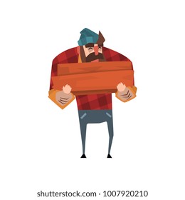 Strong lumberjack with beard in red plaid shirt, blue jeans and hat holding stack of firewood in hands. Cheerful woodcutter character. Forest worker. Flat vector design