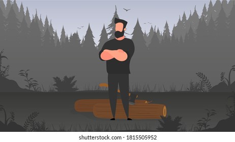 Strong lumberjack. The guy folded his arms over his chest. Large logs and an ax. Vector.