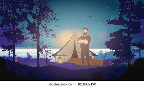 Strong lumberjack. A guy folding his arms over his chest. Large logs and an ax behind him. Vector.