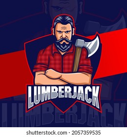 strong lumberjack man character mascot logo designs with axe for man and game logo design