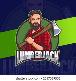 strong lumberjack man character mascot logo designs with axe for man and game logo design