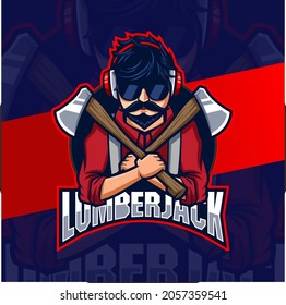 strong lumberjack man character mascot logo designs with axe for man and game logo design