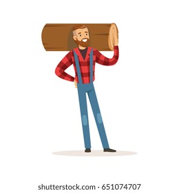 Strong lumberjack man holding downed log colorful character vector Illustration