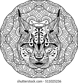 Strong lynx, bobcat is drawn by hand with ink, with ethnic patterns. Zendoodle, zenart. Circular mandala tribal patterns. Coloring book for adults. Coloring antistress. Element for your design.