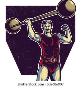 Strong macho man lifting weights or barbell. Vector illustration. Isolated artwork object. Suitable for and any print media need.