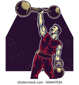 Strong macho man playing with barbell and kettle-bell weights. Vector illustration. Isolated artwork object. Suitable for and any print media need.