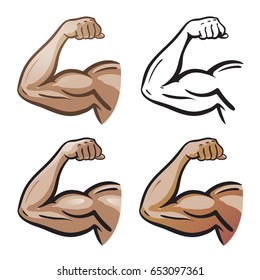 Strong Male Arm, Hand Muscles, Biceps Icon Or Symbol. Gym, Health, Protein Logo. Cartoon Vector Illustration