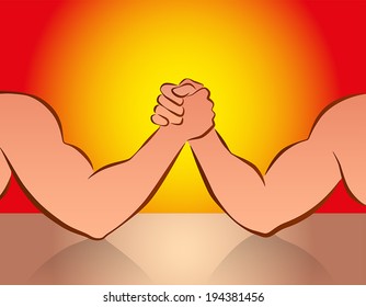 Strong male arms in a wrestling competition. Vector illustration on red-orange gradient background.