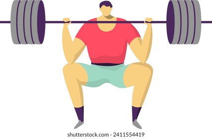 Strong male athlete lifting heavy barbell. Concentrated weightlifter performing squat exercise. Strength training and bodybuilding vector illustration.