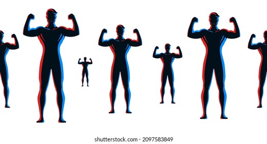 Strong male bodybuilders standing and posing with arms up, on a white horizontal background. Group of muscular, healthy man energetic silhouette vector illustration.