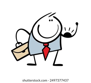 Strong male businessman has bent his arm and is showing biceps. Vector illustration of a successful office worker. Cartoon stickman to cope with his task, a confident boss.