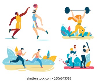 Strong Male and Female Athletes. Woman Exercising with Big Heavy Barbell. Men Team Playing Basketball, Baseball Games. Sportsmen Group Running Marathon. Flat Cartoon Set. Vector Illustration