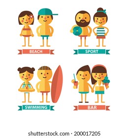 Strong male and female characters in swimsuits and beachwear vector illustration. Cartoon characters of a couple on the beach.