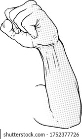 strong male hand in protest symbol clenched fist raised up drawn in retro pop art style