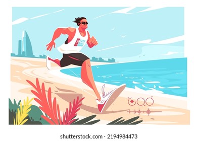 Strong male jogging on beach near ocean vector illustration. Hold tempo while running flat style. Active lifestyle, nature, health concept