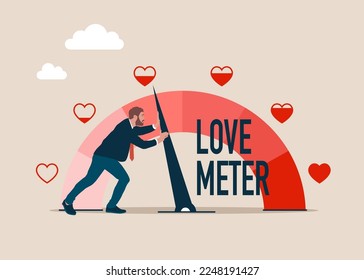 Strong male pull the arrow. Love meter heart indicator. Love day full test valentine card progress. Flat vector illustration.