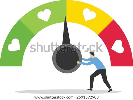 Strong male pull the arrow on the monitor screen. Love meter heart indicator. Love day full test valentine card progress. Modern flat vector illustration.

