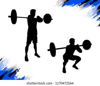 Strong male silhouette doing front squat crossfit exercise with barbell. Free weights strength training. Olympic weightlifting athlete. Vector illustration for web and printing.