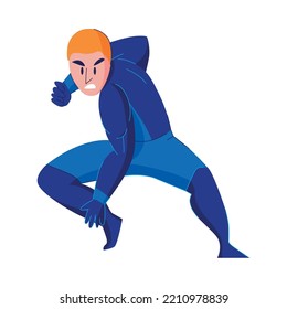 Strong male superhero wearing blue costume on white background flat vector illustration